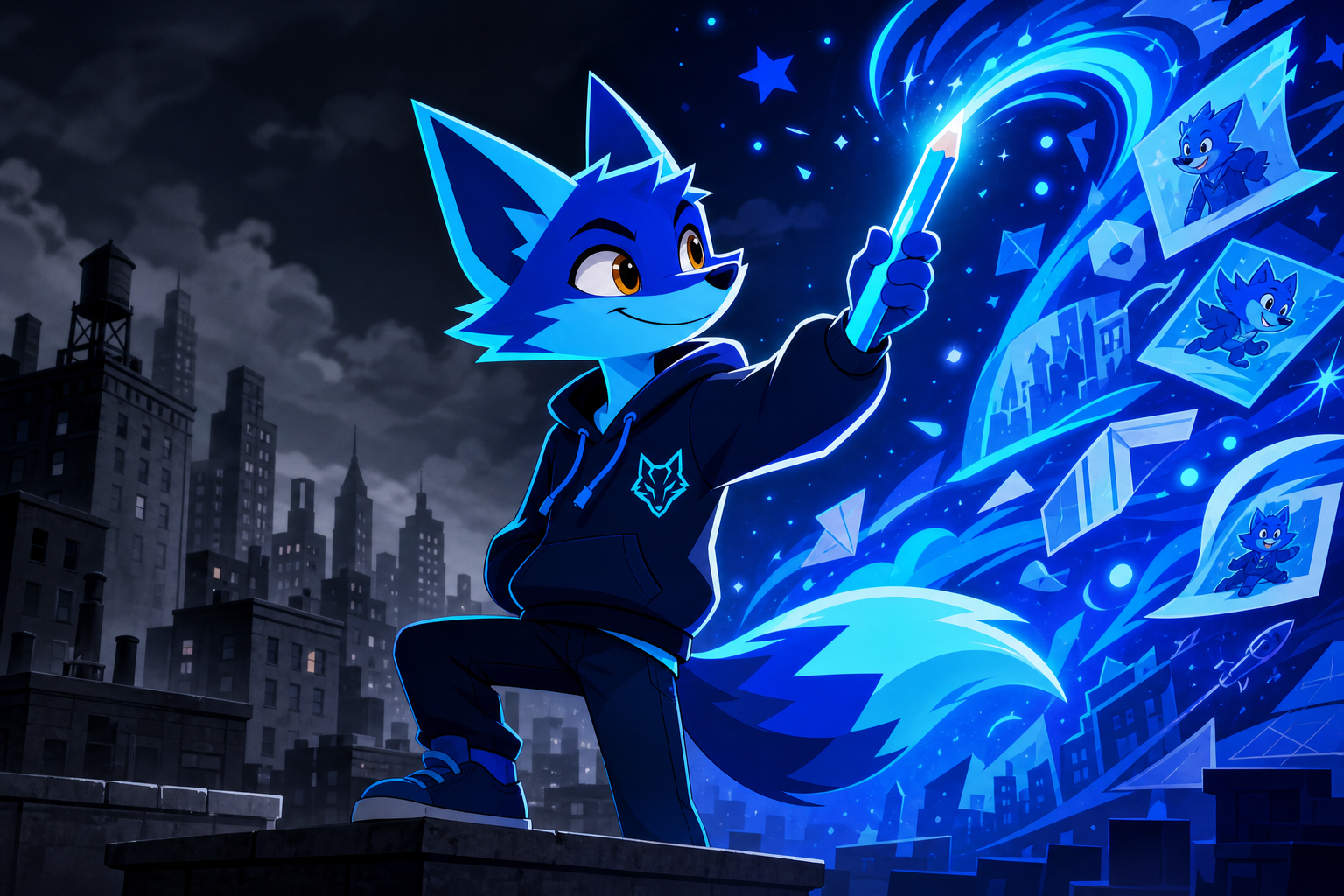 MR FOX cartoon character drawing a colorful world
